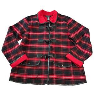 Denim‎ & Co Flannel Jacket Women Large Red Buffalo Plaid Toggle Buttons Coat